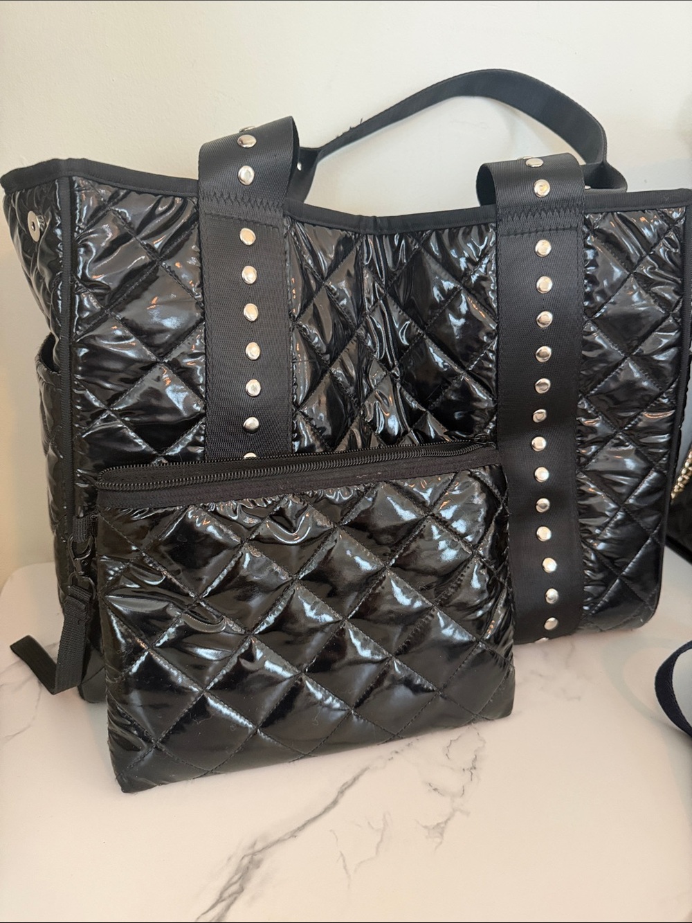 HAUTE SHORE Quilted Patent Tote with Studded Straps - Black
